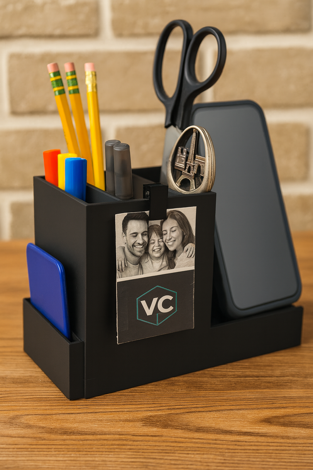 3D printed desk organizer with phone stand and compartments for pens and tools
