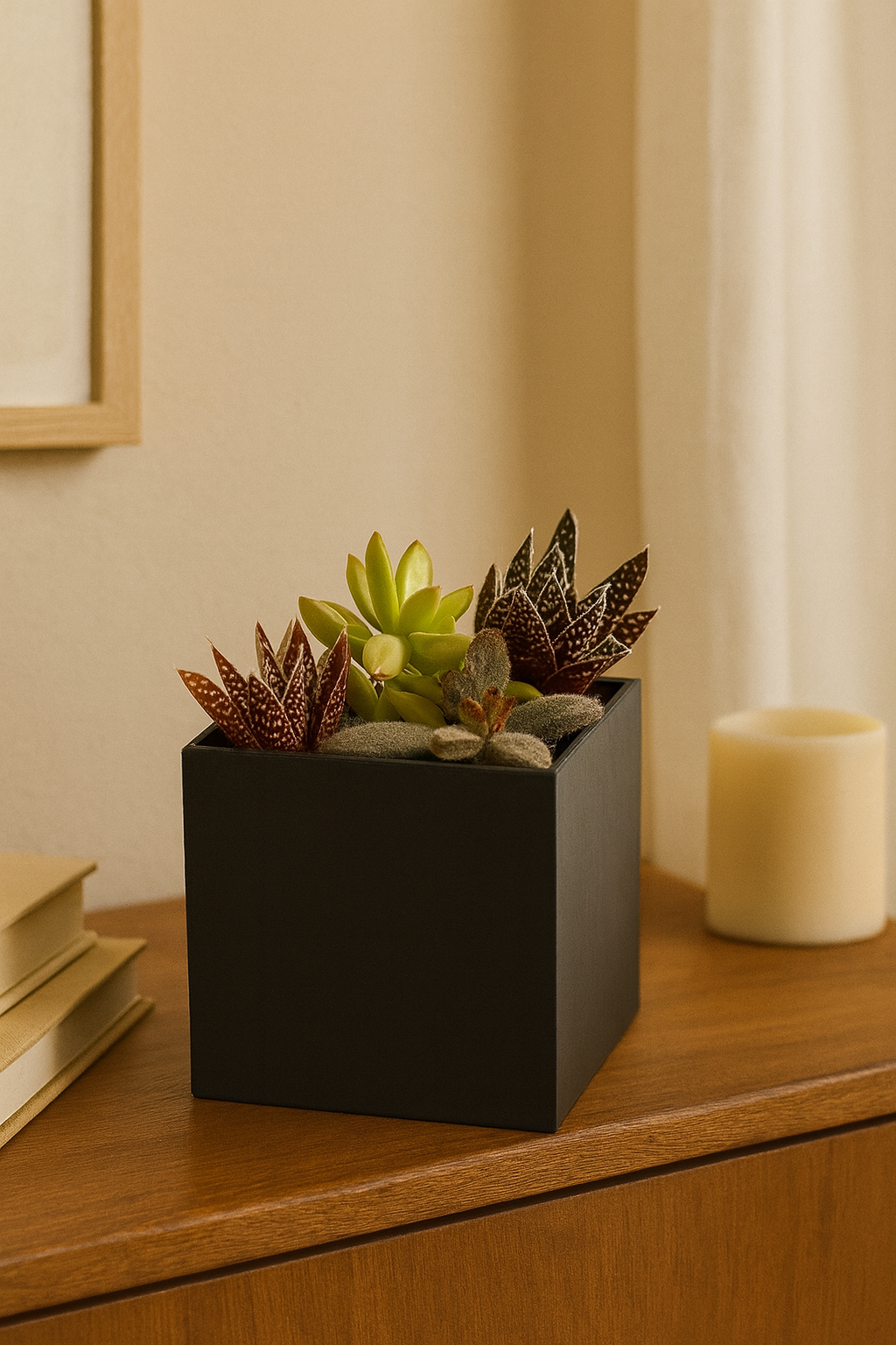 Minimalist square planter in matte black with succulents