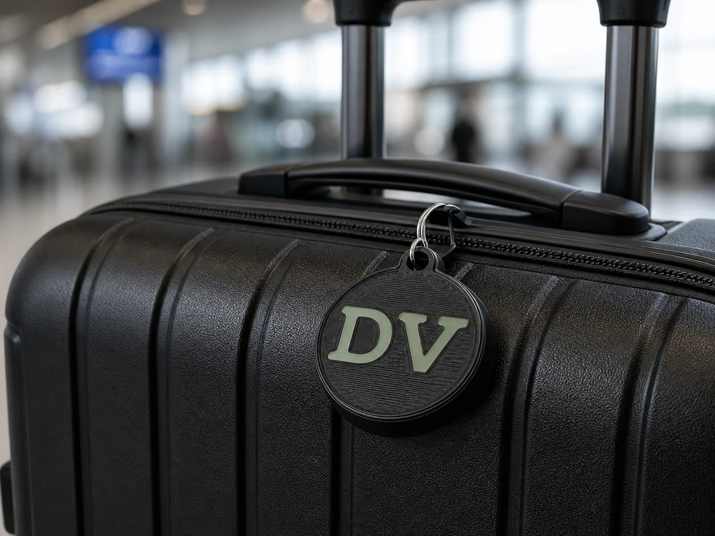 Personalized round Apple AirTag cover attached to a black carry-on suitcase