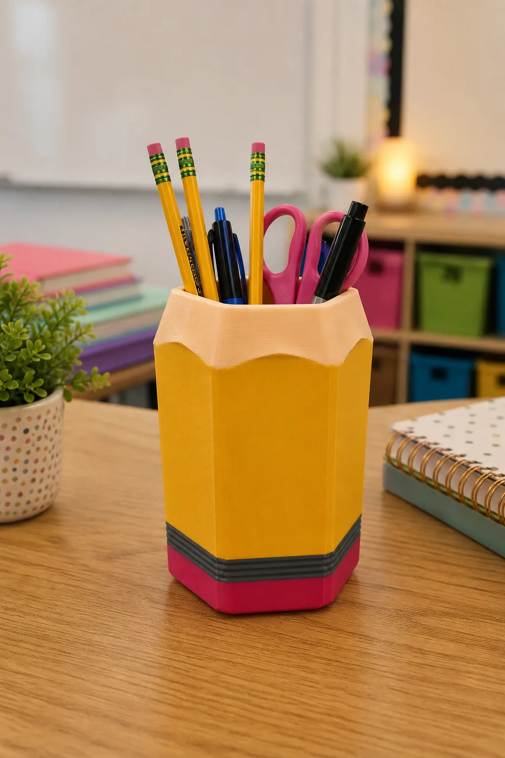 Oversized pencil-shaped 3D printed cup holder for teacher desk organization