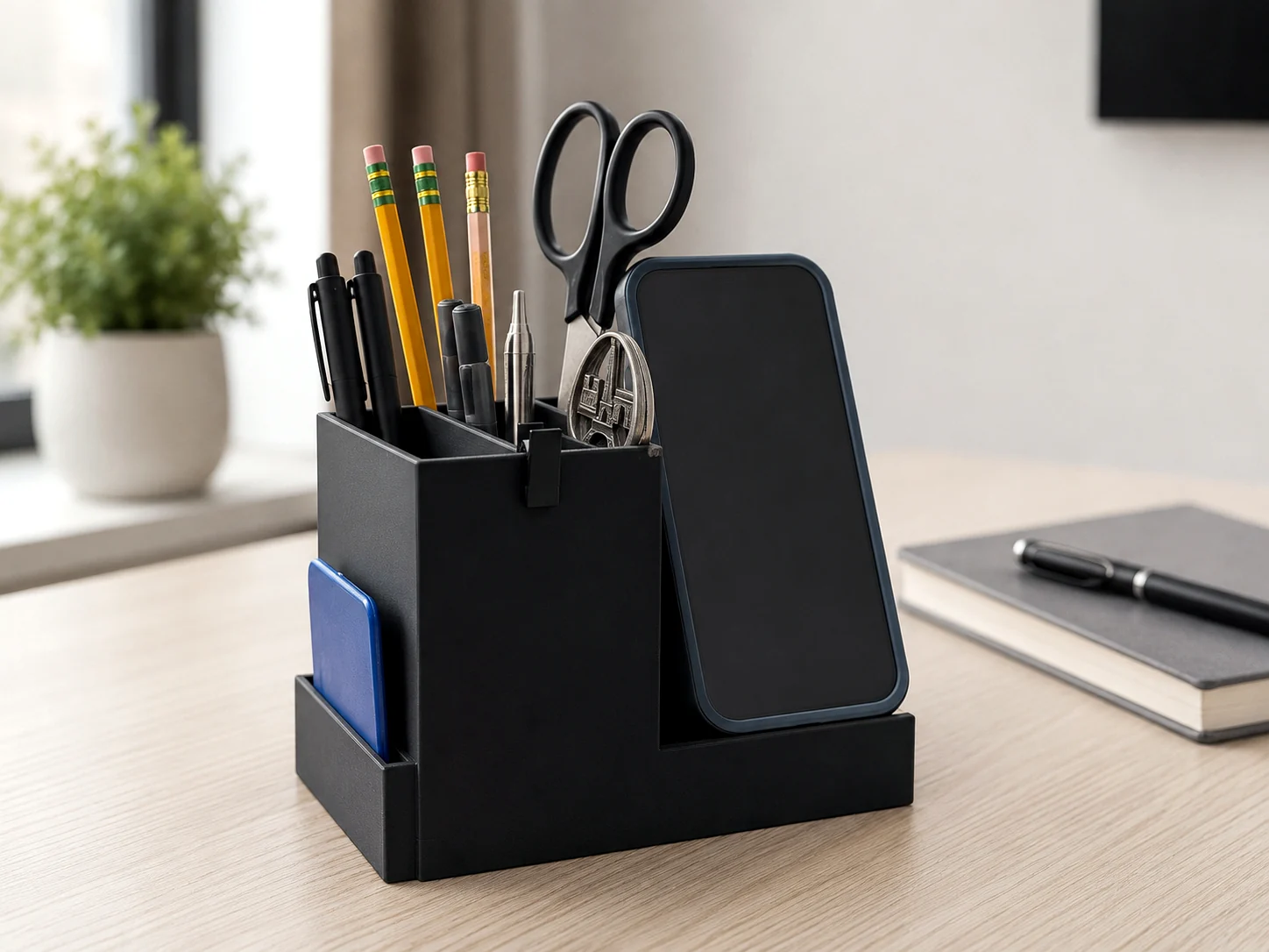 Black 3D printed desk organizer with phone stand, compartments, pencils, pen, and scissors