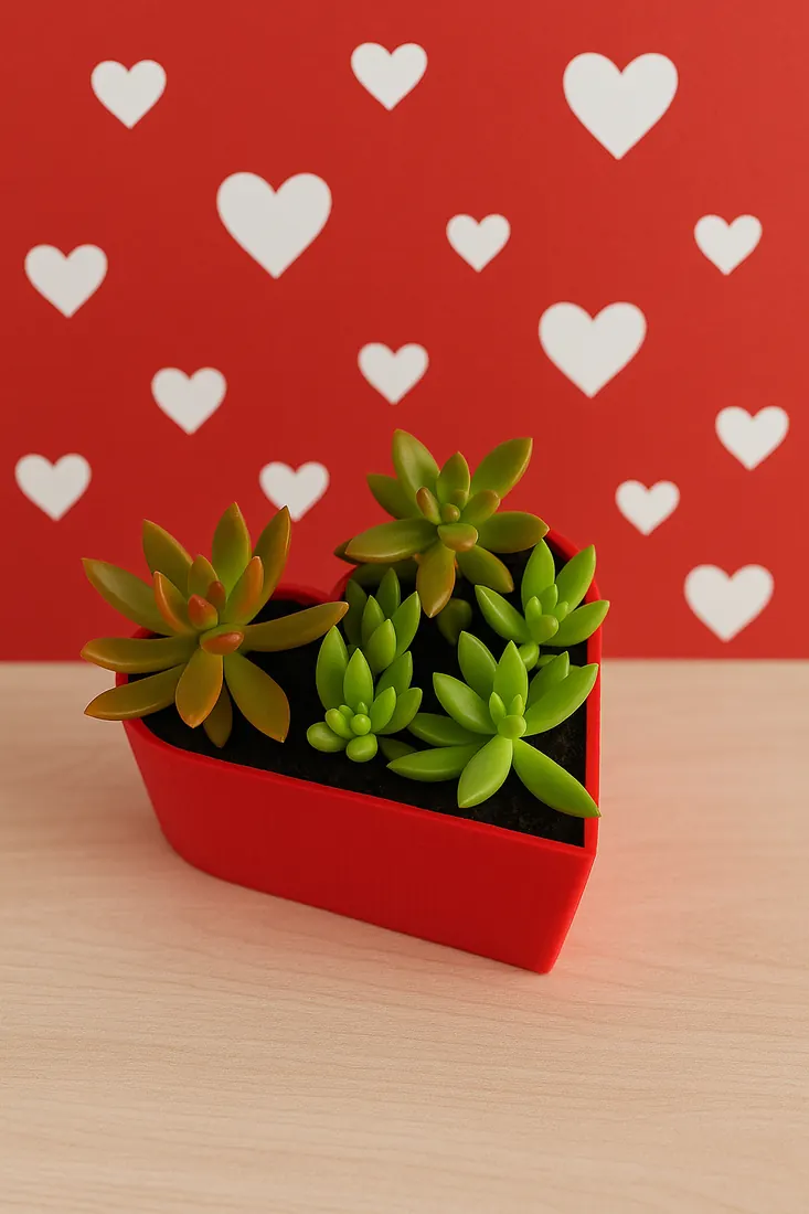 Heart-shaped planter in red with succulents