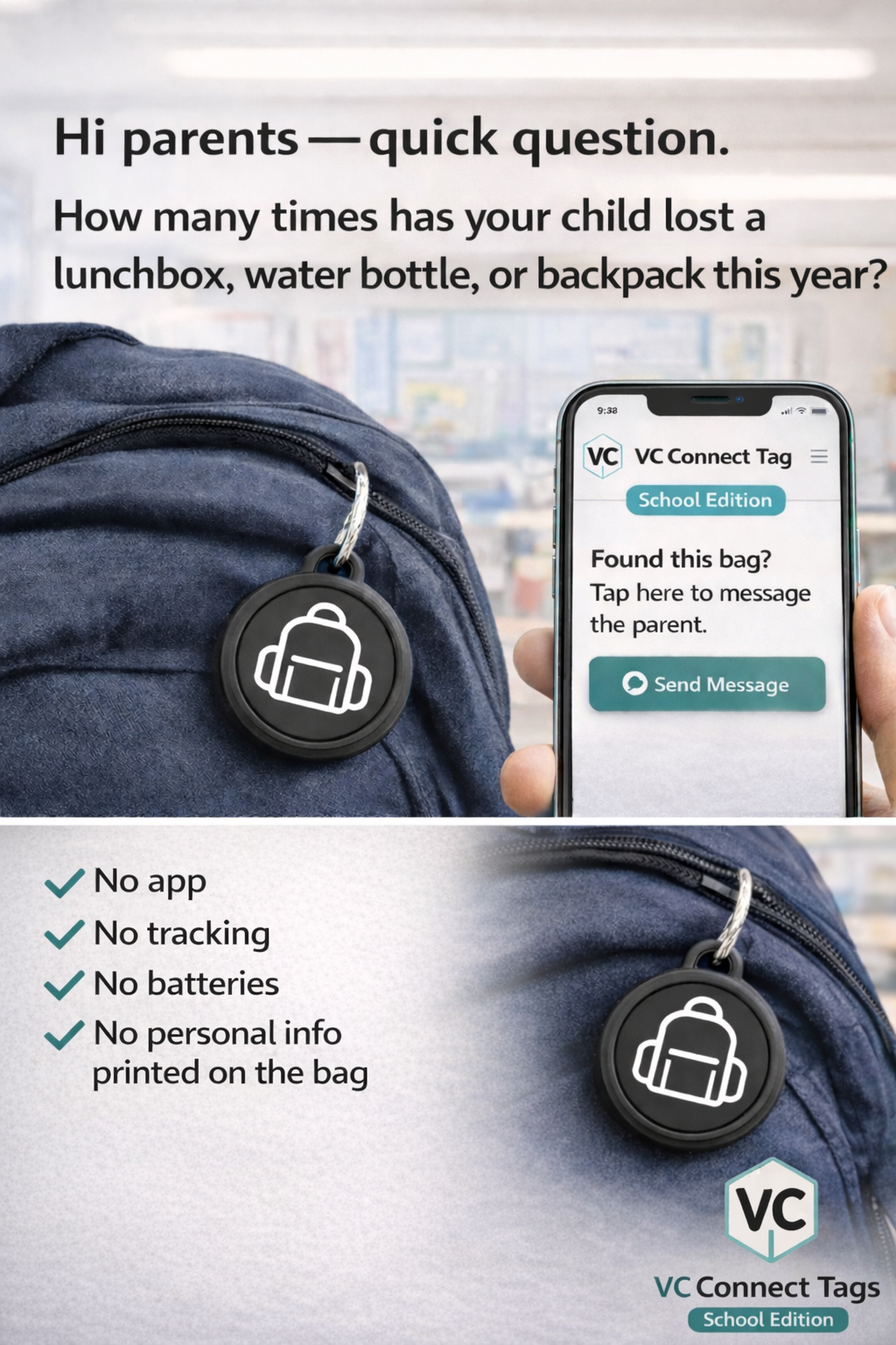 VC Connect Tag — NFC lost and found tag with minimalist icon keychain loop